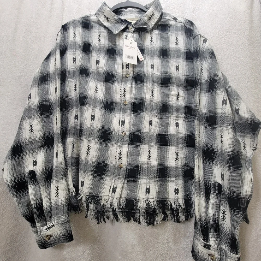 NWT $79 Lucky Brand Raw Edge Plaid Cropped Western Button-Down Cotton Flannel XL - Picture 4 of 11